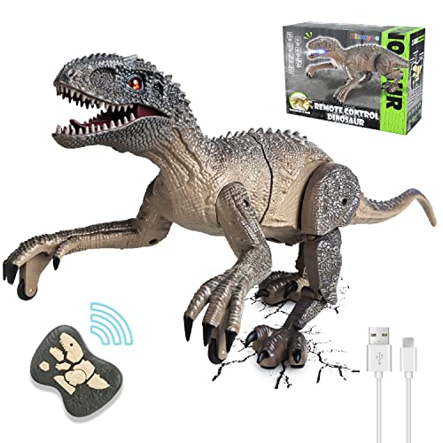 Kizmyee Dinosaurier Spielzeug, Dino Ferngesteuertes Velociraptor für Kinder, Realistische Gehbewegungen, Brüllt, Leuchtende Augen und Kopfschütteln, Geschenk für Jungen und Mädchen von Kizmyee