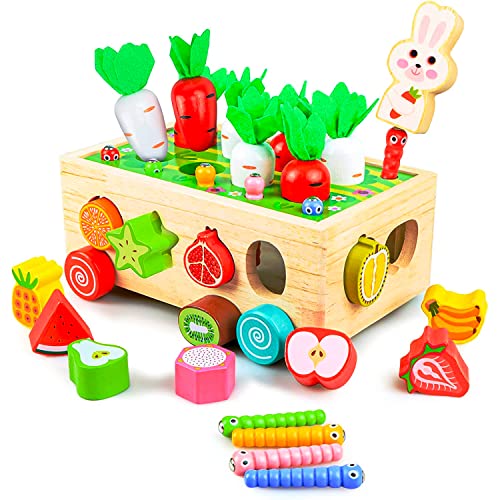 Kizmyee Montessori Spielzeug 7-in-1 Holzspielzeug mit Karottenernte, Motorikspielzeug, Steckwürfel-Sortierspiel und Stapelspielzeug - Lernspielzeug Geschenk für Kinder von Kizmyee