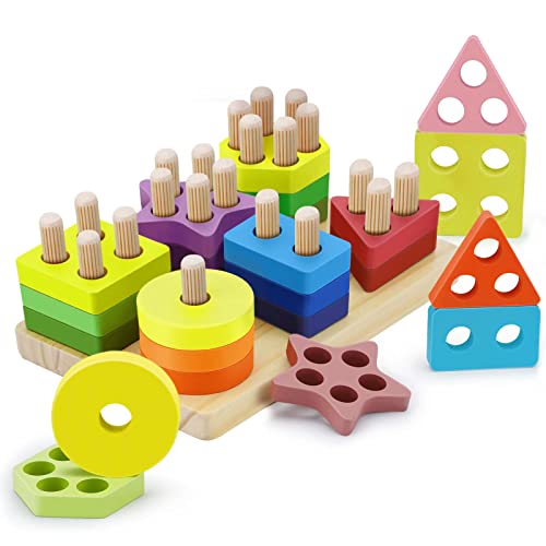 Kizmyee Montessori Spielzeug ab 1 2 3 Jahre, 25pcs Holz Spielzeug, Digitale Bausteine, Formklassifizierung Steckwürfel Sortier & Stapelspielzeug Lernspielzeug Geschenk für Jahre Mädchen Junge von Kizmyee