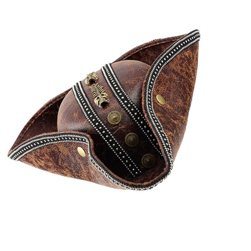 Klaisy Brauner PU-Leder-Piratenhut für Damen und Herren, Tricorn-Pirat für LARP Cosplay Kostüm Zubehör weich gefüttert Cosplays von Klaisy