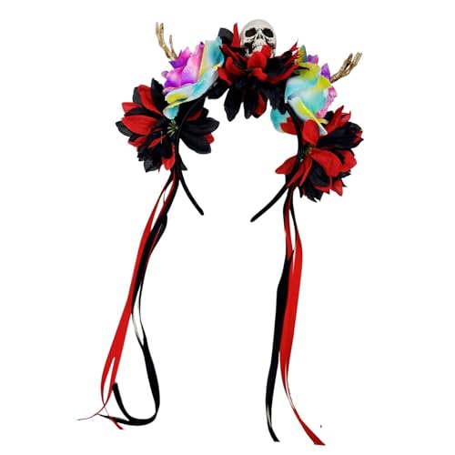 Klaisy Verstellbarer Totenkopf-Kopfschmuck mit floralen Skelett-Händen, Halloween-Haarband für Damen, Herren, Kinder, Kostümzubehör, Halloween-Party-Zubehör von Klaisy