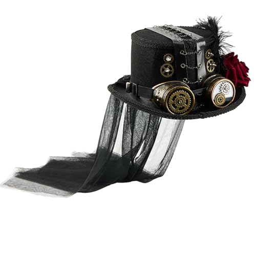 Klaisy Viktorianische Brille, Zylinderhut mit Metallzahnrad, Rose, Blume, langer Schleier, für Erwachsenenkostüm, Event, Versammlung, Kopfbedeckung, viktorianisches Halloween-Kostüm Klaisy Viktorianische Brille, Zylinderhut mit Metallzahnrad, Rose, Blume, langer Schleier, für Erwachsenenkostüm, Event, Versammlung, Kopfbedeckung, viktorianisches Halloween-Kostüm von Klaisy