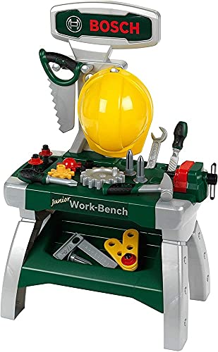 Klein Theo Bosch Werkbank Junior 2+ | Inkl. Helm, Schraubstock, Werkzeugen, Latten, Nägel, Schrauben und Muttern | Maße: 49 cm x 29 cm x 71 cm | Spielzeug für Kinder ab 2 Jahren von Klein