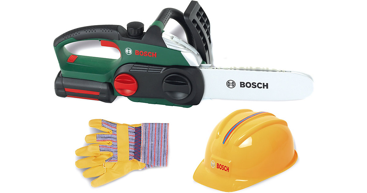 Bosch Kettensäge mit Helm und Handschuhen von klein