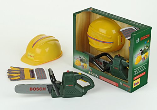 Klein Theo 8435 Bosch Werker-Set I Robuste Kettensäge mit Licht und Sound I Mit Helm und Arbeitshandschuhen für Rollenspiele I Spielzeug für Kinder ab 3 Jahren von Klein