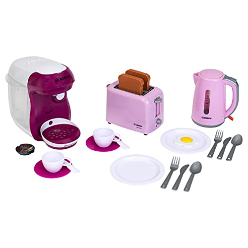 Klein Theo 9597 Bosch Frühstücksset I Rosa Küchenzubehör-Set inkl. Toaster, Kaffeemaschine und Wasserkocher I mit Geschirr, Besteck und Spiegelei-Attrappe I Spielzeug für Kinder ab 3 Jahren von Klein