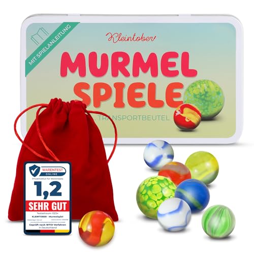 Kleintober 25 Premium Murmeln I Glasmurmeln I Murmelspiel in Metalldose mit Anleitung für 5 Spiele und Transportbeutel I Murmel Klassiker, teils handgemacht I Kinder Geschenke von Kleintober