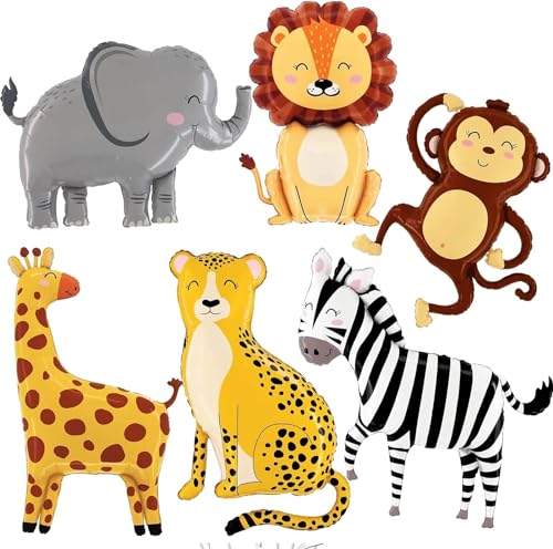 Zebra-Elefanten-Luftballons, Folie, Helium, Dschungel, Safari, Elefant, Affe, Löwe, Zebra, Giraffe, Leopardenform, Tierballons für Wildtiere, Geburtstagsparty, Dekorationen, Zubehör (6 Stück) von Klhamky