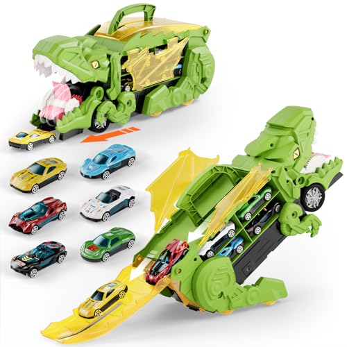 Klsniur Dinosaurier Transporter Truck Auto Spielzeug ab 3 4 5 6 Jahre Tragbares Rennspielzeug mit 6 Fahrzeugen und Speicherplatz, Multifunktionales Kinderspielzeug mit Verschlucken und Verformung von Klsniur