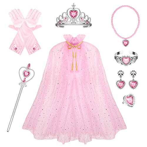 Umhang für Kinder Prinzessin Kostüm mit Krone, Zauberstab, Handschuhe, Halskette, Ring, Ohrringe, Armband Glitzer Pailletten Cape für Mädchen Halloween Geburtstag Karneval Cosplay Party (Rosa) von Kmbcove