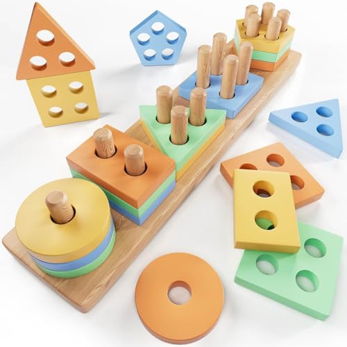 KmmiFF Holz Montessori Spielzeug 1-2 Jahre, Farben Formen Sortierspiel Steckspiel aus Holz als Motorische Fähigkeit Lernspielzeug für Kleinkinder 1 2 3 Jahre von KmmiFF