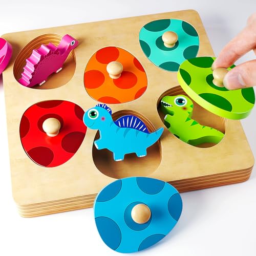 KmmiFF Montessori Spielzeug ab 1 Jahr, Holzpuzzle Dino Eier Holzspielzeug, Greifpuzzle Motorikspielzeug Sortierspiel Geburztag Ostern Geschenk für Mädchen Jungen Kinder von KmmiFF