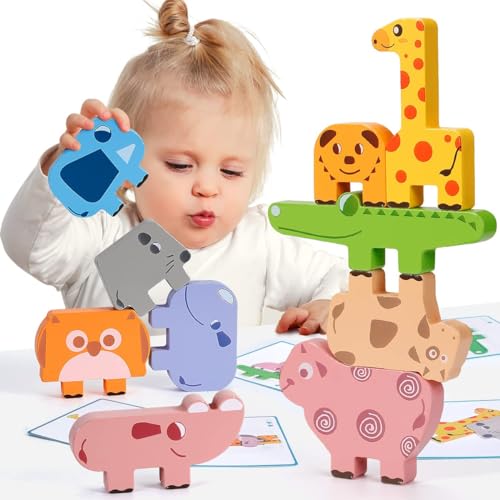 KmmiFF Montessori Spielzeug 2 Jahre, 10pcs Holz Tier Stapelspielzeug für Kleinkinder Mädchen Junge Geschenke, Kinder Feinmotorik Stapelspielzeug Lernspielzeug von KmmiFF