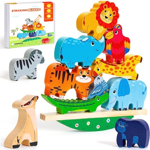 KmmiFF Montessori Spielzeug 2 Jahre, 11pcs Holz Tier Bausteine Stapeln Spielzeug Geschenk für Kleinkinder Mädchen Junge, Lernen Feine Motor Feinmotorik Fähigkeiten von KmmiFF