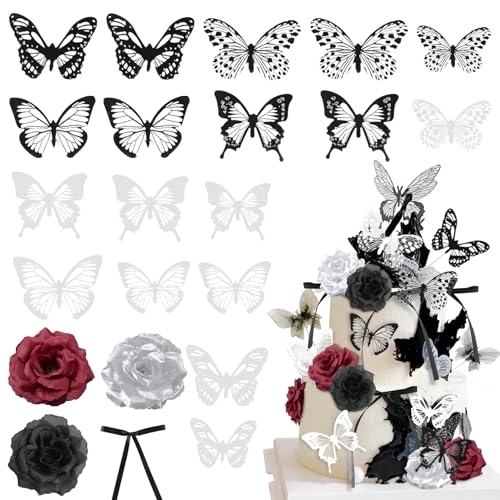 Knana 28 Stück Gothic-Kuchendekorationen, schwarzer Schmetterling, Tortenaufsatz mit roter, schwarzer, silberfarbener Rose für Gothic-Geburtstagsparty, Halloween von Knana