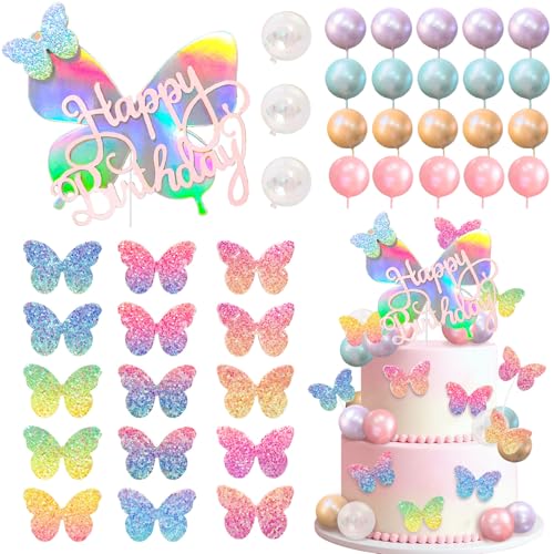 Knana Schmetterlingskuchenaufsätze, Farbverlauf, Pailletten, Schmetterlings-Cupcake-Topper mit Kugeln, Happy Birthday-Kuchendekorationen für Hochzeit, Babyparty, Geburtstag, Partyzubehör, 39 Stück von Knana