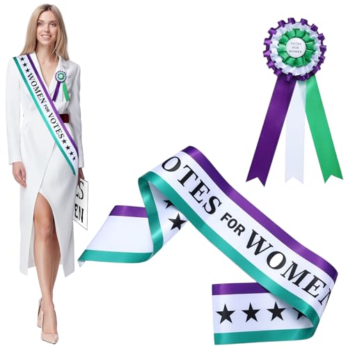 Knitgrip Viktorianisches Suffragette-Kostüm-Set, 3 Farben, Schärpe, Rosette für Frauen, Handzeichen, Suffragetten-Zubehör (lila, weiß, grün) von Knitgrip