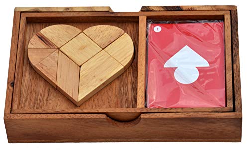 Heart Puzzle + Cards Knobelbox Herz Tangram Knobelholz Legepuzzle mit Vorlagenkarten für weitere Puzzle Figuren, Knobelspiel, Tangramm Puzzle, Ei des Kolumbus, Kinderspiel, 2D Puzzle, von Knobelholz.de