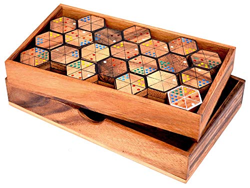Hexadomino Box Dominospiel mit 6 eckigen Dominosteinen Knobelholz Hexamino Gesellschaftsspiel für 2 bis 6 Spieler, Legespiel, Unterhaltungsspiel von Knobelholz.de