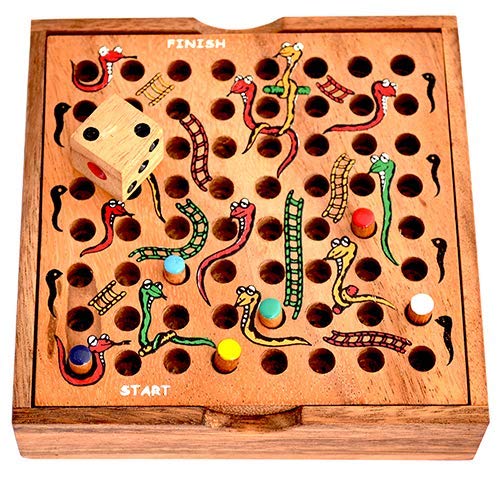 Schlange Leiter Spiel als Holzbox, Knobelholz Würfelspiel, Reisespiel für 2 bis 6 Spieler, Snake Ladder Game Box, Gesellschaftsspiel, Unterhaltungsspiel, Familienspiel, Holzspiel von Knobelholz.de