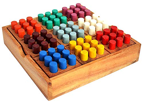Sudoku Box Color 9x9 mit farbigen Stiften aus Holz in 9 Farben, strategisches Knobelspiel in dem die 9 Farben angeordnet Werden, Knobelholz Strategiespiel für eine Person, Sudoku Kinderspiel von Knobelholz.de