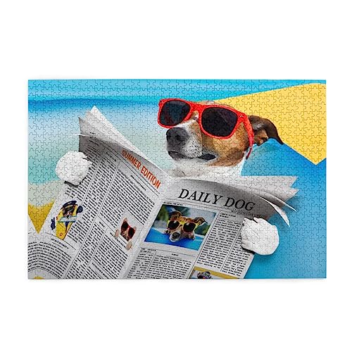 Hund mit Brille, Zeitung, Ozean, Strand, Konsev, Bilderpuzzle, lustiges und herausforderndes Holzpuzzle für Erwachsene und Senioren von KoNsev