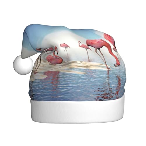 KoNsev Weihnachtsmütze für Erwachsene, Unisex für Weihnachten, Neujahr, Festliches Motto-Party-Zubehör, Herde von rosa Flamingos am Strand von KoNsev