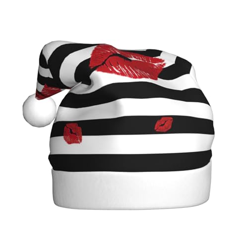 KoNsev Weihnachtsmütze für Erwachsene, Unisex für Weihnachten, Neujahr, Festliches Motto-Party-Zubehör, roter Mund, bedruckt mit schwarzen und weißen Streifen von KoNsev