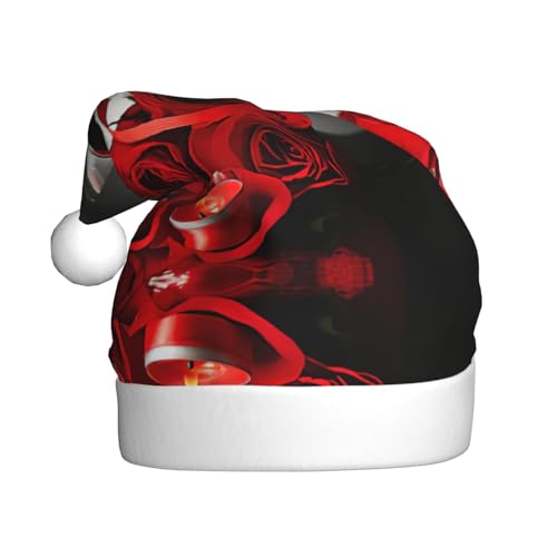 KoNsev Weihnachtsmütze für Erwachsene, Unisex für Weihnachten, Neujahr, festliche Themenparty-Zubehör, rote Rose und Wein, romantische Liebhaber von KoNsev