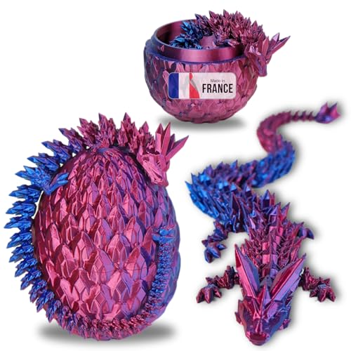 Beweglicher Drache & 3D-gedrucktes Drachenei - Fantastische Universumsdekoration / Fidget Toy - Geschenkidee, Einzigartige Dekoration für Zuhause, Kinderzimmer, Wohnzimmer (Rot Blau Glänzend) von Koala Studio