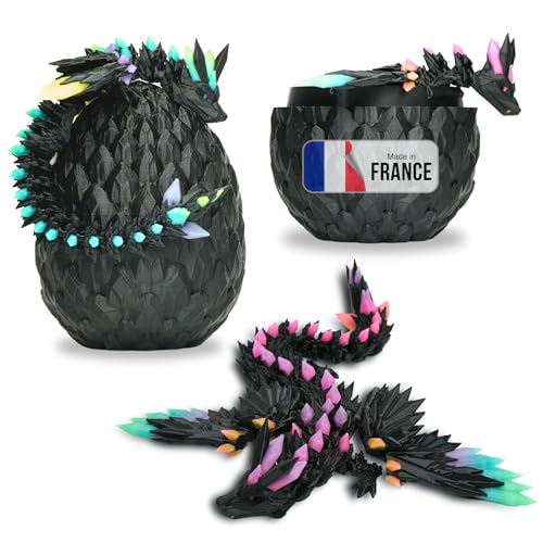 Beweglicher Geflügelter Drache und Sein Ei – 3D-gedruckte Dekoration – Fantastisches Universum Fidget Toy Geschenkidee Einzigartige Dekoration für Zuhause Kinder (Schwarz + Rainbow Glow in The Dark) von Koala Studio