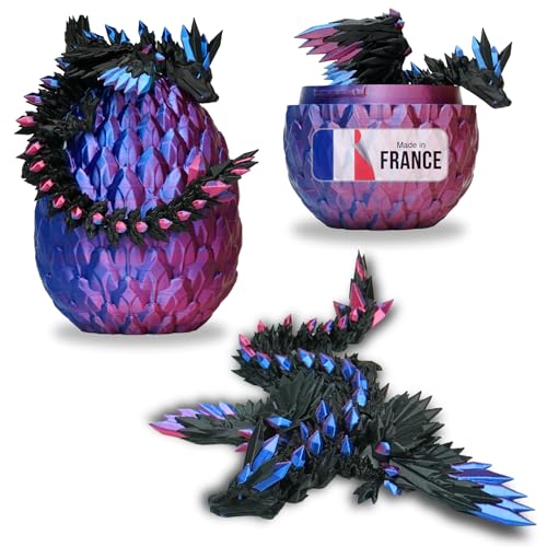 Beweglicher Geflügelter Drache und Sein Ei – 3D-gedruckte Dekoration – Fantastisches Universum Fidget Toy Geschenkidee Einzigartige Dekoration für Zuhause Wohnzimmer Kinder (Schwarz + Blau Violett) von Koala Studio