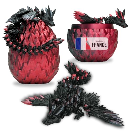 Beweglicher Geflügelter Drache und Sein Ei – 3D-gedruckte Dekoration – Fantastisches Universum Fidget Toy Geschenkidee Einzigartige Dekoration für Zuhause Kinder Figur Flügel (Schwarz + Schwarz Rot) von Koala Studio