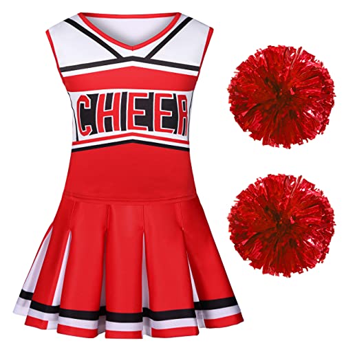 Koatobbor Cheerleader-Kostüm für Mädchen, Cheerleader-Outfit, Kleid für Halloween, Party, Geburtstagsgeschenk, 3–9 Jahre (Rot, 6–7 Jahre) von Koatobbor