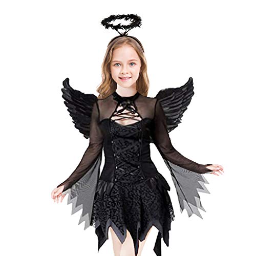 Koatobbor Mädchen Fallen Angle Kostüm Schwarz Fancy Party Kleid mit Stirnband und Flügeln (Schwarz, 10-12 Jahre) von Koatobbor