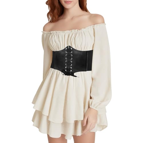 Halloween Kostüm Damen Lässiges Set aus Swing Kleid und Korsett Damen Renaissance Viktorianische Kurz Jumpsuit Overall Partykleid Beige M von Kobilee