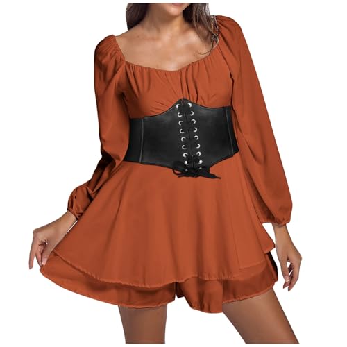 Halloween Kostüm Damen Lässiges Set aus Swing Kleid und Korsett Damen Renaissance Viktorianische Kurz Jumpsuit Overall Partykleid Orange L von Kobilee