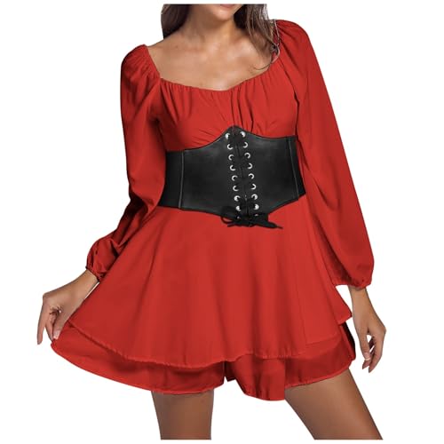 Halloween Kostüm Damen Lässiges Set aus Swing Kleid und Korsett Damen Renaissance Viktorianische Kurz Jumpsuit Overall Partykleid Rot M von Kobilee
