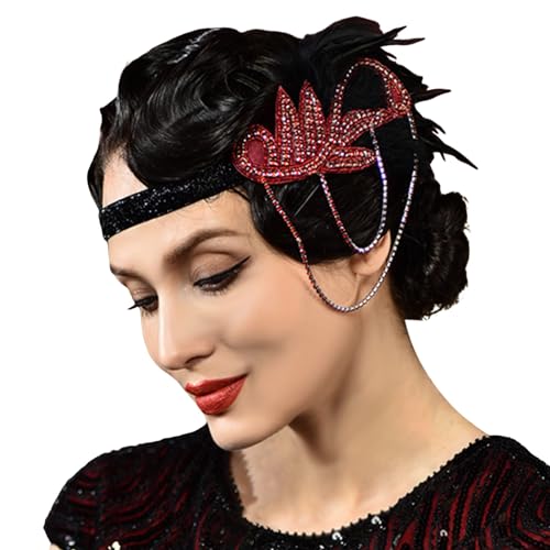 Kobilee Fascinator Damen: Bunt Indianer Haarschmuck Vintage Rot Weiss Accessoires Hippie Frauen Mädchen Kopfbedeckung Pfau Feder Karneval Strass Stirnband für Karneval Party von Kobilee