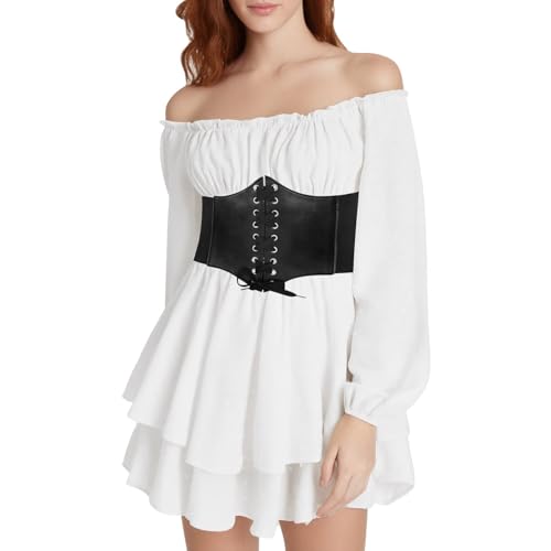 Piraten Kleid Weiß Lässiges Set aus Swing Kleid und Korsett Damen Renaissance Viktorianische Kurz Jumpsuit Overall Partykleid Weiß M von Kobilee