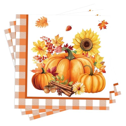 KOBOKO 20 Stück Servietten Herbst Deko, 33 x 33 cm Thanksgiving Deko Herbst Servietten, Herbstdeko Ahornblätter Kürbis Papierservietten, Tischdeko Thanksgiving, Herbstservietten für Erntedankfest (C) von Koboko