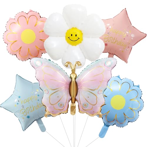 KOBOKO 6 Stk Folienballon Schmetterling Deko Geburtstag, XXL Luftballon Blume mit Smiley, Schmetterling Ballon Geburtstag Mädchen, Gänseblümchen Helium Ballons für Mädchen Kinder Feen Geburtstage Deko von Koboko