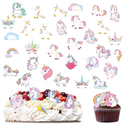KOBOKO 80 Stück Einhorn Tortendeko Essbar, Esspapier Tortendeko,Essbare Einhorn Kuchendeko Mädchen, Essbare Tortenaufleger Geburtstag, Muffin Deko Essbar für Deko Kindergeburtstag Baby Shower Party von Koboko