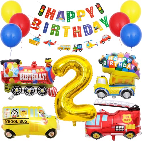KOBOKO Auto Geburtstagsdeko 2 Jahre Junge, Luftballon 2. Geburtstag Junge Auto Deko, Ballon 2 Geburtstag Junge Feuerwehr Deko, Truck Folienballon 2 Geburtstagsdeko Kinder mit Happy Birthday Banner von Koboko