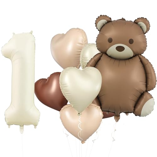 KOBOKO Bär Geburtstagsdeko 1 Jahr Junge, 8 Stk Luftballon 1. Geburtstag Junge Mädchen, Bären Deko 1. Geburtstag Jungen, Herz Folienballon 1 Geburtstags Deko, Bär Luftballons 1 Jahr Geburtstags von Koboko