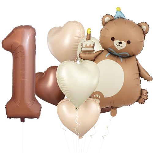 KOBOKO Bär Geburtstagsdeko 1 Jahr Junge, Luftballon 1. Geburtstag Junge Mädchen, Bären Luftballons Deko 1 Geburtstag Junge, Herz Folienballon Geburtstag 1 Jahr, Ballon Erster Geburtstag Junge Mädchen von Koboko