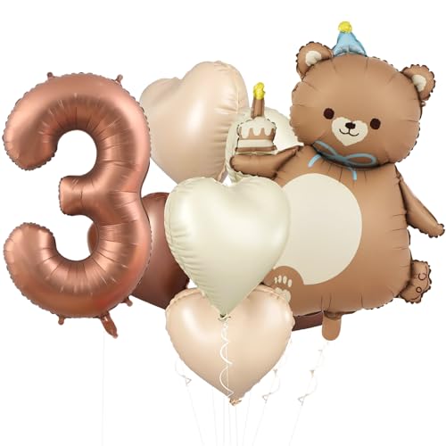 KOBOKO Bär Geburtstagsdeko 3 Jahre Junge Mädchen, Bären Luftballons Geburtstag 3 Jahre Junge, Helium Ballon 3 Geburtstag Junge, Bär Luftballon 3 Jahre Junge Mädchen, Herz Folienballon 3. Geburtstag von Koboko