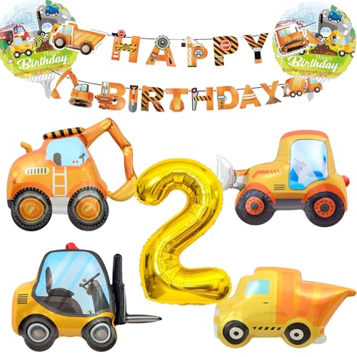KOBOKO Bagger Geburtstag Deko 2 Jahre, Luftballon Bagger Deko Kindergeburtstag 2, Ballons Baustelle Geburtstagdeko 2 Jahre Junge, Baustelle Luftballon 2. Geburtstag Junge mit Happy Birthday Banner von Koboko