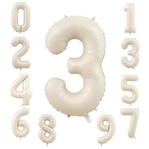 KOBOKO Beige Zahlen Luftballon 3, 40 Zoll Folienballon 3, Creme Weiß Luftballons 3. Geburtstag, 101cm Beige Zahlen Ballon 3 Geburtstag, Helium Ballons Zahl Groß 3 für Kinder 3 Jahre Geburtstagsdeko von Koboko