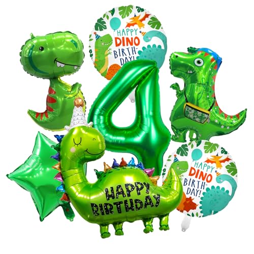 KOBOKO Dino Geburtstag Deko 4 Jahre, 7 Stk Dino Luftballon 4 Geburtstag Junge Party Deko, Folienballon Dinosaurier Geburtstagsdeko 4 Jahre Junge, Dinosaurier Luftballons 4 für Kinder Dschungel Party von Koboko